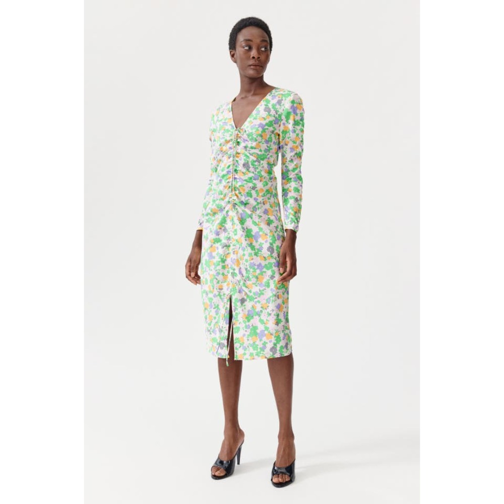 Long Sleeve V-Neck Floral Midi Dress in Green & Pink